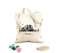 AILOONG Polyester Cotton Shopping Bags Travel Journey Famous Monuments World 12 oz thick fabric Reusable 31x36cm Medium
