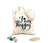AILOONG Polyester Cotton Storage bags 12 oz thick fabric i am happy modern calligraphy quote Customizable slogan 31x36cm Medium