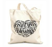 AILOONG Polyester Cotton Storage bags hand lettering count your blessing with leaves 12 oz thick fabric Customizable slogan 25x30cm Small