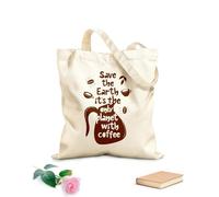 AILOONG Reinforced Bottom Canvas Bag hand drawn lettering poster save the earth it's the only planet with coffee design 340g/m² thick fabric Uses as a gift bag
