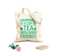 AILOONG Reinforced Bottom Canvas Bag happiness is a cup of tea with good friends tea lovers 340g/m² thick fabric Uses as a gift bag