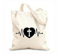 AILOONG Reinforced Bottom Canvas Bag heartbeat with christian cross 12 oz thick fabric Uses as a gift bag 31x36cm Medium