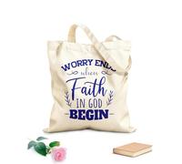 AILOONG Reinforced Bottom Canvas Bag worry ends when faith in god begin design 340g/m² thick fabric Uses as a gift bag