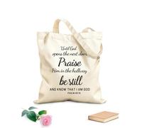 AILOONG Reusable Shopper Bags Bible Verse Until God opens the next door, Praise Him in the hallway be still AND KNOW THAT I AM GOD PSALM 46:10 340g/m² thick fabric Foldable