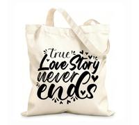 AILOONG Reusable Shopper Bags TRUE love story never ends Valentines day calligraphy quote heart design 12 oz thick fabric Foldable 35x40cm Large