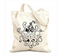 AILOONG Reusable Shopping Tote Bag Angry Octopus Ship Sea Monster Ocean Style 12 oz thick fabric Customizable slogan 31x36cm Medium