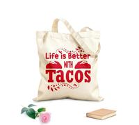 AILOONG Reusable Shopping Tote Bag Funny Phrase Life Is Better With Tacos Cafe 340g/m² thick fabric Customizable slogan