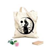 AILOONG Ronin Japanese Warrior Samurai Moon Cotton Canvas Shopping Bag 12 oz thick fabric Uses as a gift bag 31x36cm Medium
