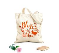 AILOONG Unbleached Canvas Tote Bag Bless This Kitchen Quotes Saucepan Ladle 340g/m² thick fabric Uses as a tool bag