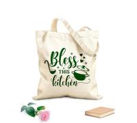 AILOONG Unbleached Canvas Tote Bag Bless This Kitchen Quotes Saucepan Ladle 340g/m² thick fabric Uses as a tool bag