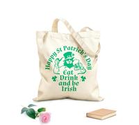 AILOONG Unbleached Canvas Tote Bag Funny Quote Eat Drink And Be Irish St Patrick 's Day Pub Beer Alcohol Trefoil 340g/m² thick fabric Uses as a tool bag