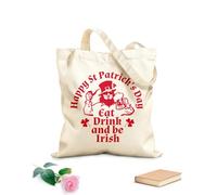AILOONG Unbleached Canvas Tote Bag Funny Quote Eat Drink And Be Irish St Patrick 's Day Pub Beer Alcohol Trefoil 340g/m² thick fabric Uses as a tool bag