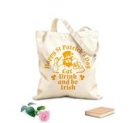 AILOONG Unbleached Canvas Tote Bag Funny Quote Eat Drink And Be Irish St Patrick 's Day Pub Beer Alcohol Trefoil 340g/m² thick fabric Uses as a tool bag