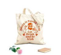 AILOONG Unbleached Canvas Tote Bag Funny Quote Eat Drink And Be Irish St Patrick 's Day Pub Beer Alcohol Trefoil 340g/m² thick fabric Uses as a tool bag