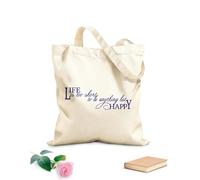AILOONG Unbleached Canvas Tote Bag Life Is Short Happy Motivation Phrase 340g/m² thick fabric Uses as a tool bag