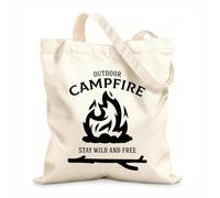 AILOONG Unbleached Canvas Tote Bag Quote Outdoor Campfire Stay Wild And Free 12 oz thick fabric Uses as a tool bag 25x30cm Small