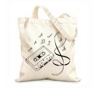 AILOONG Webbing Strap Tote Bag 12 oz thick fabric a four different types of music notes and a cassette Sketching bag 25x30cm Small