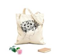 AILOONG Webbing Strap Tote Bag 12 oz thick fabric A young women with flowers in her hair Sketching bag 31x36cm Medium