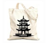 AILOONG Webbing Strap Tote Bag 12 oz thick fabric silhouette of chinese architecture drawing of a pagoda Sketching bag 25x30cm Small