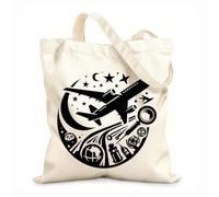 AILOONG Webbing Strap Tote Bag Around the world travel an airplane soaring in the night sky 12 oz thick fabric Sketching bag 35x40cm Large