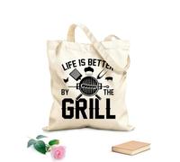 AILOONG Webbing Strap Tote Bag bbq grilling lover funny retro vintage typography print life is better by the grill 12 oz thick fabric Sketching bag 31x36cm Medium