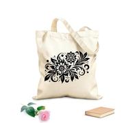 AILOONG Webbing Strap Tote Bag floral featuring stylized flowers leaves swirls and dots arranged in a symmetrical pattern on a 12 oz thick fabric Sketching bag 25x30cm Small