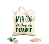 AILOONG with god all things are possible letter quote Reinforced Bottom Canvas Bag 340g/m² thick fabric Uses as a gift bag