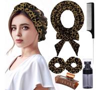 Ailsa Hairband - Heatless Curls Overnight, Hair Curlers to Sleep in for Long Hair, 6 Piece Set, No Heat Curling Iron for Women, Includes Bottle, Hair Clips, Scrunchie, Rat-tail Comb, Leopard Print