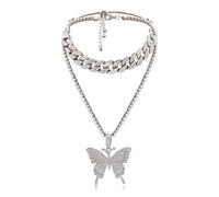 AILUOR Butterfly Cuban Link Necklace Set, Women Hip Hop Choker Big Butterfly Pendant Necklace Chain Iced Out with Bling Rhinestones, Fashion Accessory for Hip Hop Lovers Women (Silver)
