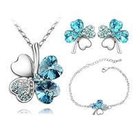 AILUOR Four Leaf Clovers Jewelry Set, Fashion Austrian Crystal Lucky Four Leaf Clover Pendant Necklace Bracelet Stud Earrings Set for Women Girl Bridal Wedding Jewelry (Blue)