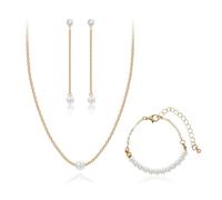 AILUOR Pearl Jewelry Set for Women, 14K Gold Plated Necklace and Earring Set Dainty Drop Necklace Dangle Earrings Bracelet Wedding Jewelry Set for Bridal Bridesmaid (8mm Single Pearl Set)