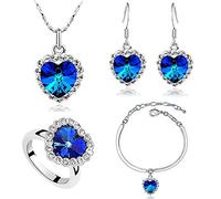 AILUOR Titanic Heart of The Ocean Necklace Earrings Bracelet and Rings Jewelry Set, Sterling Silver Blue Sapphire Crystal Necklace Pendants Wedding Prom Jewelry (Blue)