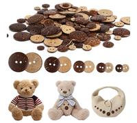 AILUYA Pack of 100 Brown Coconut Shell Round Buttons, 10/12.5/15/20/25mm, 20 Pieces Each, Sewing Buttons with 2 Holes, DIY Craft Decoration