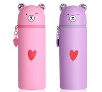 AILUYA Pack of 2 Silicone Pencil Cases, 2-in-1 Bear Pencil Case, 19.5 x 5.5 cm, Cute Pencil Case for Students, Teenagers, Adults, Pink, Purple, cute cartoon