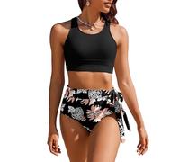 AI'MAGE High Waisted Bikini Set Tummy Control Women Swimsuits Triangle Bikini Top, Black Flower, S
