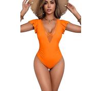 AI'MAGE One Piece Swimsuit for Women V Neck Swimming Costume Women Ruffled Tummy Control Swimwear Ladies Swim Suits, Orange, L