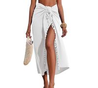 AI'MAGE Sarong Wraps for Women Long Beach Swimsuit Cover Up Swimwear Pareo with Tassels Bikini Skirt Coverup for Bathing Suit, White, Medium