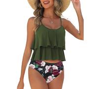 AI'MAGE Women’s Swimwear Print Color Tankini Set Top with Shorts Low Waist Sporty Swimsuit Bikini Army Green