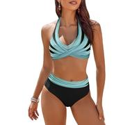 AI'MAGE Women Triangle Bikini Set Two Piece Padded Swimming Costume Bikinis Adjustable Bathing Suits Color Block Halter, Blue, XL
