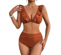AI'MAGE Womens Bikini Set Ruffle High Waist Sexy Swimsuit Adjustable Straps 2 Pieces Summer Beach Bathing Suit Tummy Control Caramel Brown S