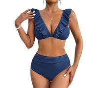 AI'MAGE Womens Bikini Set Ruffle High Waist Sexy Swimsuit Adjustable Straps 2 Pieces Summer Beach Bathing Suit Tummy Control Blue XXL