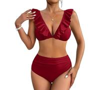 AI'MAGE Womens Bikini Set Ruffle High Waist Sexy Swimsuit Adjustable Straps 2 Pieces Summer Beach Bathing Suit Tummy Control Red XXL