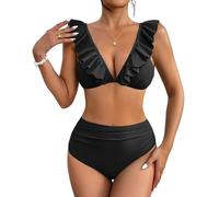 AI'MAGE Womens Bikini Set Ruffle High Waist Sexy Swimsuit Adjustable Straps 2 Pieces Summer Beach Bathing Suit Tummy Control Black S