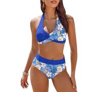 AI'MAGE Women's Bikini Sets Push Up Tops & High-Waisted Bottoms Tummy Control Swimwear Ladies Block Halter 2 Piece Swimsuit, Blue Floral, S