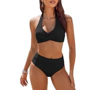 AI'MAGE Women's Bikini Sets Push Up Tops & High-Waisted Bottoms Tummy Control Swimwear Ladies Block Halter 2 Piece Swimsuit, Black, S