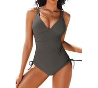 AI'MAGE Women's One Piece Swimsuit Tummy Control Swimsuits V Neck Ribbed Bathing Suits with Sides Drawstring Gray XXL
