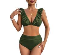 AI'MAGEWomens Bikini Set Ruffle High Waist Sexy Swimsuit Adjustable Straps Two Pieces Summer Beach Bathing Suit Olive Green S