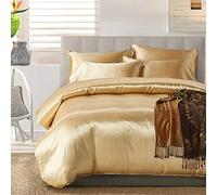AiMay 3 Piece Satin Duvet Cover Set (1 Duvet Cover + 2 Pillowcases) Rich Silk Silky 100% Super Soft Microfiber Honeymoon Sexy Bedding Collection (Queen, Gold)