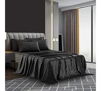AiMay 6 Piece Satin Italian Style Bed Sheet Set Deep Pocket Stripes 1800 Luxury Rich Silk 1 Flat Sheet 1 Fitted Sheet 4 Envelope Pillowcases Stain-Resistant Wrinkle Free (Queen,Black)
