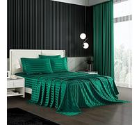 AiMay 6 Piece Satin Italian Style Bed Sheet Set Deep Pocket Stripes Super Soft 1800 Luxury Rich Silk 1 Flat Sheet 1 Fitted Sheet 4 Envelope Pillowcases Stain-Resistant Wrinkle Free (Queen,Green)